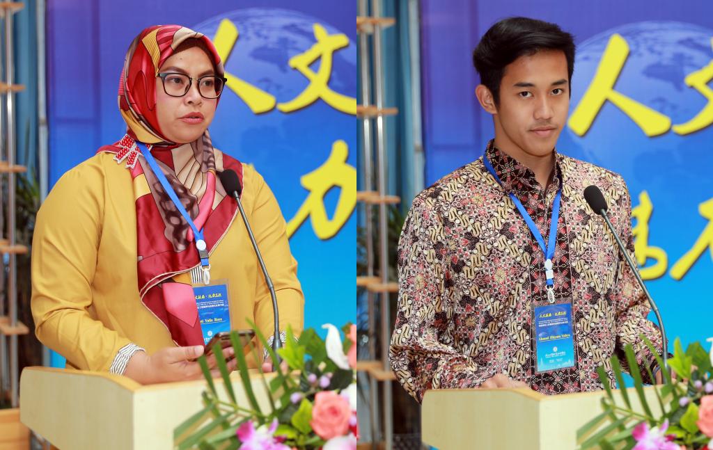 印尼教师代表朱丽亚?罗扎、学生叶海亚发表学习感言